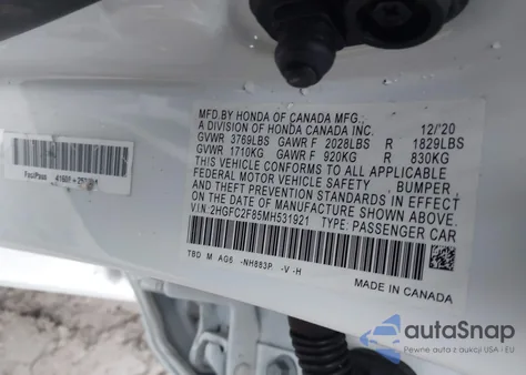 2021 Honda Civic Sport z USA, uszkodzony, nr VIN 2HGFC2F85MH531921